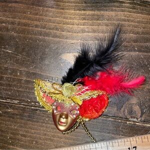 Ornament/Magnet- Lady's Face with Masquerade Mask- Hat- feathers- red gold